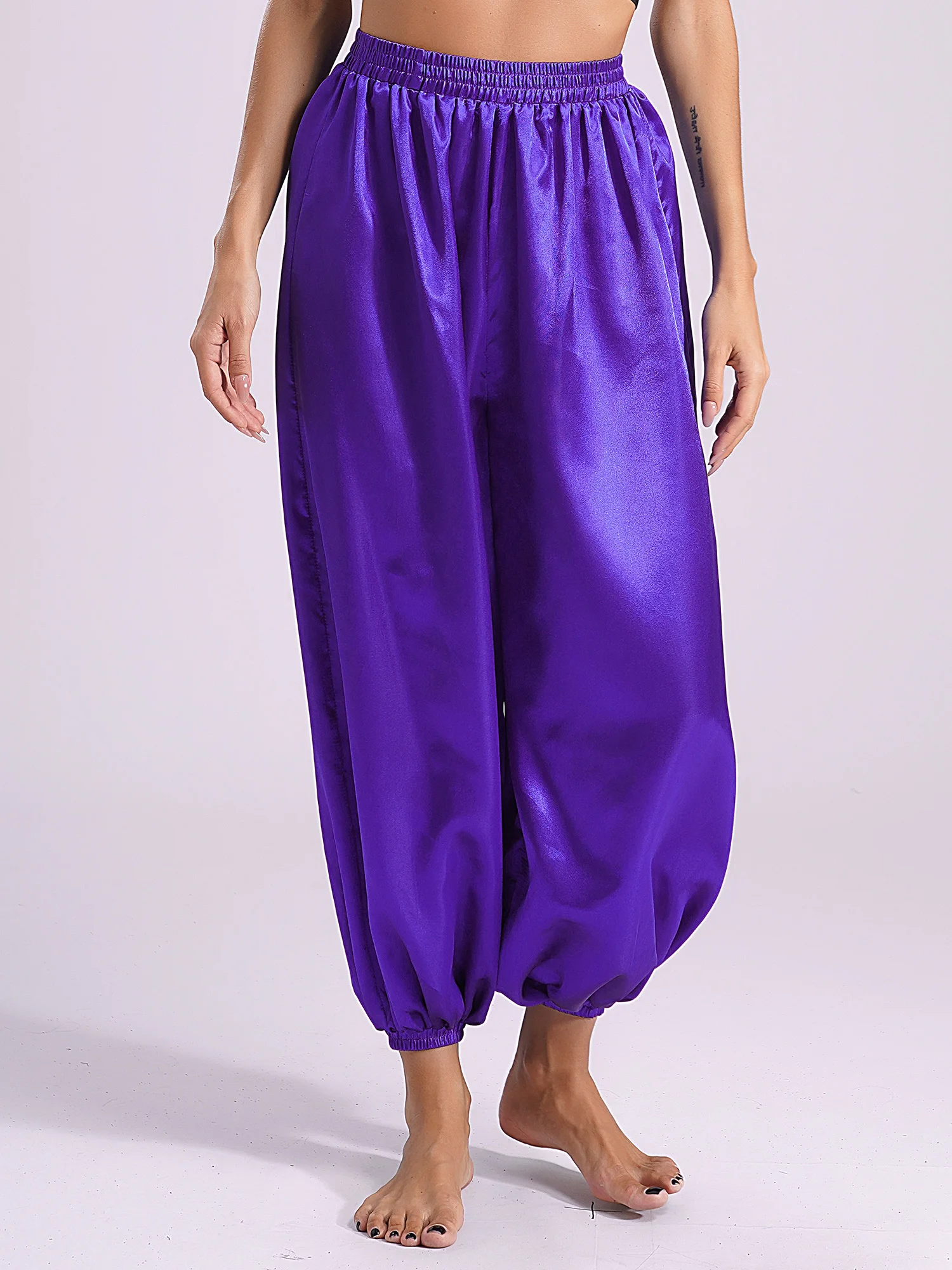Брюки-шаровары для танца живота повседневные свободные однотонные атласные
