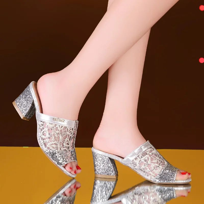 Big Slippers 34-41 Bling Sequins Mules High Heels Summer Peep Toe Fashion Elegant Party Shoes Non-slip Slides Womens Slippers