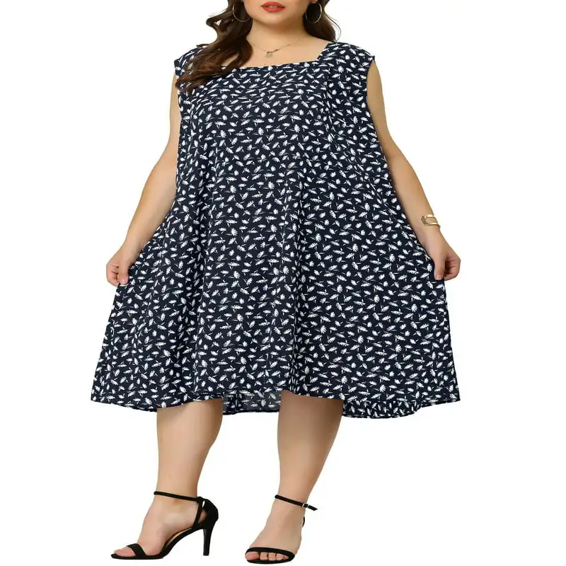 

Women`s Plus Size Dress Self Tie Waist Sleeveless Summer Floral Midi Dresses