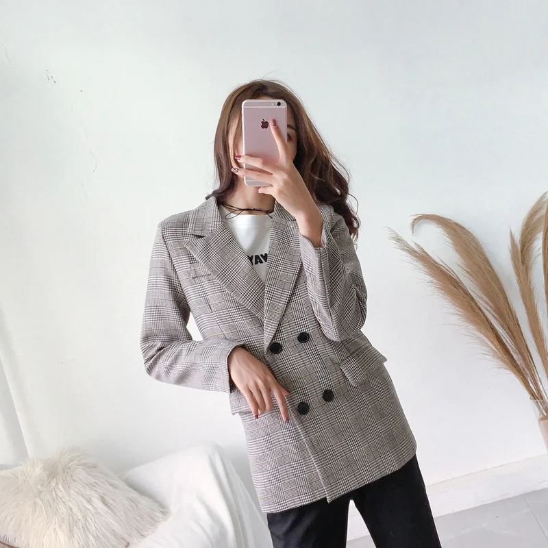 Office Ladies Lapel Plaid Women's Blazer Double-breasted Autumn Long-sleeved Jacket 2022 Casual Pocket Women's Short Blazer