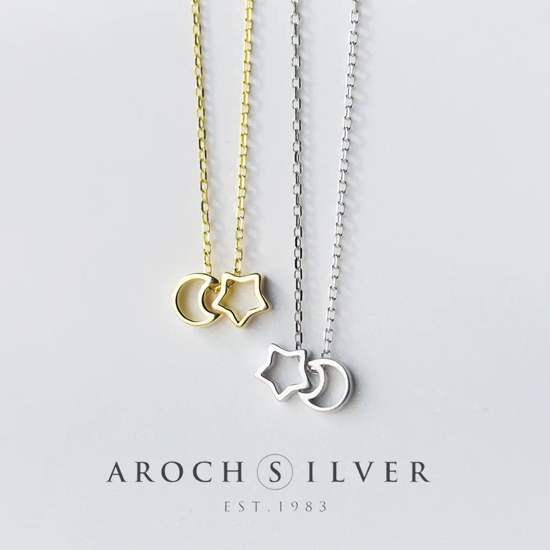 

S925Silver Necklace Women's Korean-Style Fresh Hollow-out Star Moon Necklace Cute Pentagram Crescent Clavicle Chain