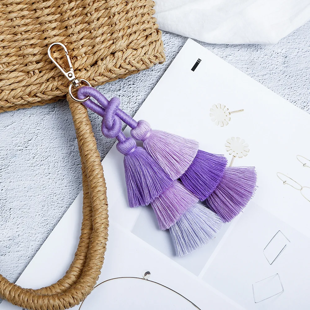 Macrame Keychains Boho Purple Pom Tassel Keychain Women Cute Bag Charms Bohemian Handcrafted Accessory For Car Key Purse Phone