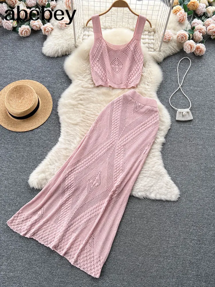 

Женский трикотажный костюм с вырезами, летний комплект из двух предметов, юбка-трапеция и длинная юбка на бретелях, пляжный костюм для отпуска, 2023