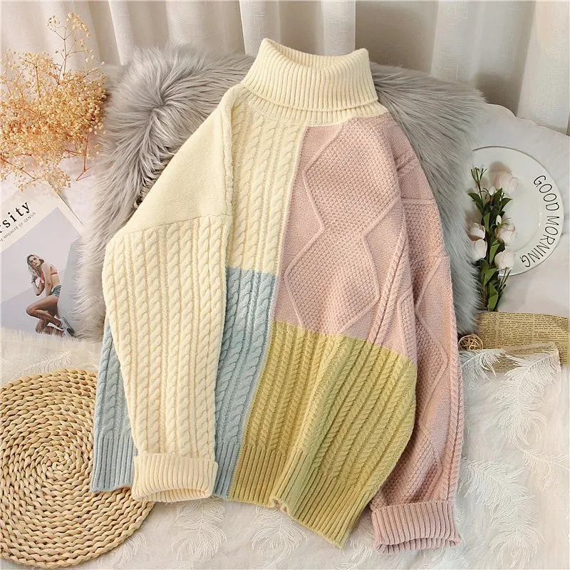 

Korean Color Block Turtleneck Knitted Sweaters Pullover Tops Spring Autumn Ladies Casual Warm Long Sleeve Knitwear Sueter Mujer