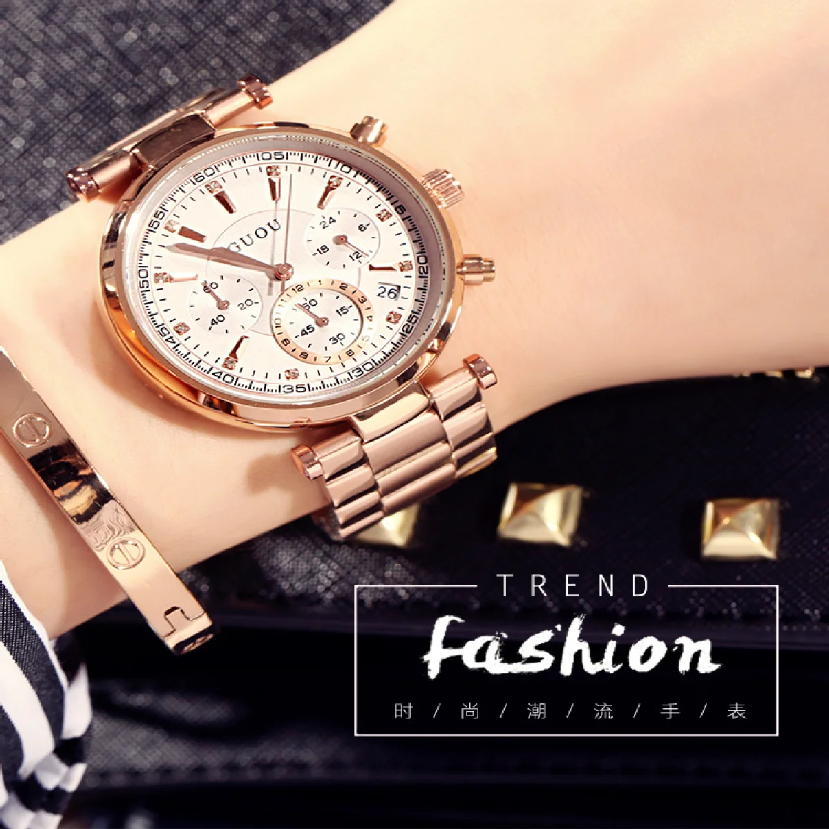 

Fashion Real 3 Eyes Work HOT Rose Gold Steel Quartz Women Ladies Wristwatches Wrist Watch Bracelet /w Calendar Japan Movt Clock