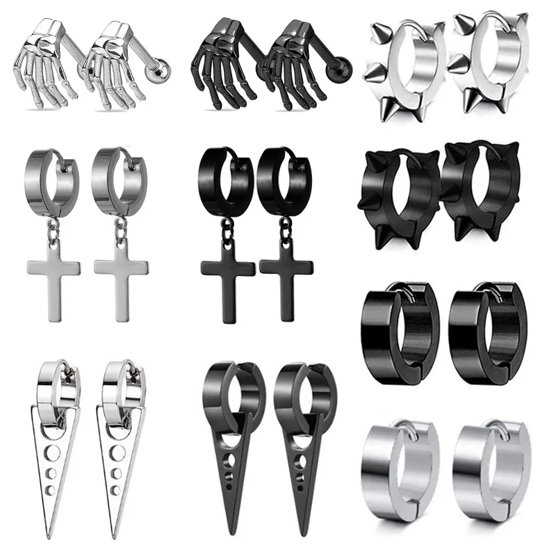 

2Pcs Trendy Men's Women Universal Earring Set Stainless Steel Cross Pendant Round Stud Earrings Piercing Jewelry Ear Clips