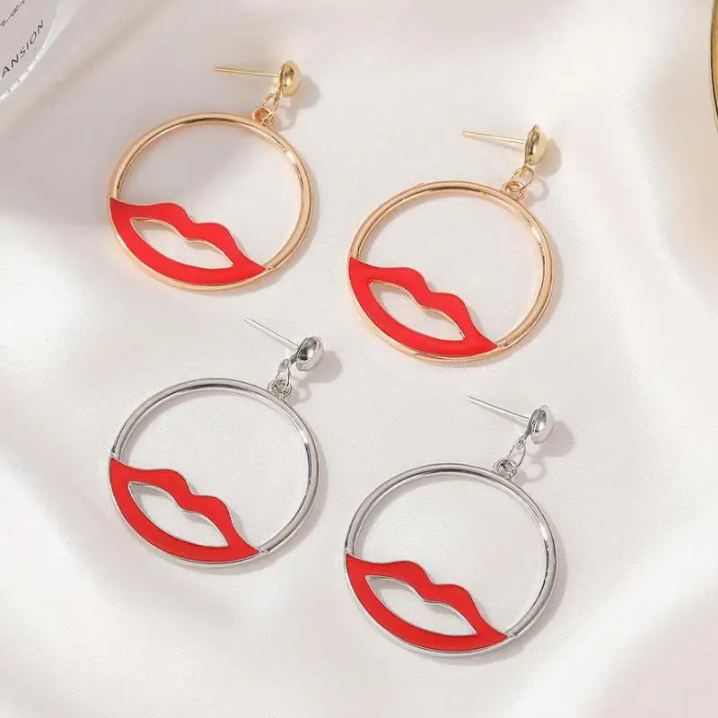 

New Earrings Exaggerated Hollow Red Lips Earrings For Women Earing Jewelry Earring Round Earings Kolczyki Pendientes 9