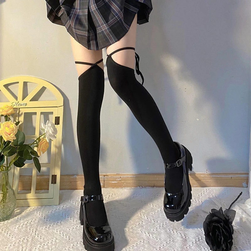 

Новинка 2023, носки для девочек на шнуровке, японские хлопковые острые носки для девочек, чистый пол, гольфы средней длины в стиле JK, женские носки с перекрестными лямками