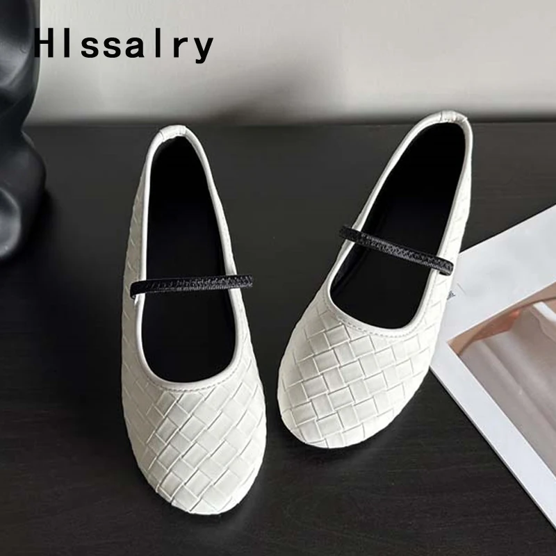 

Hlssalry 2023 New Women Mules Fashion Cozy Soft Lattice Leather Round Toe Shallow Ballet Flat Casual Mary Jane Shoes Black White