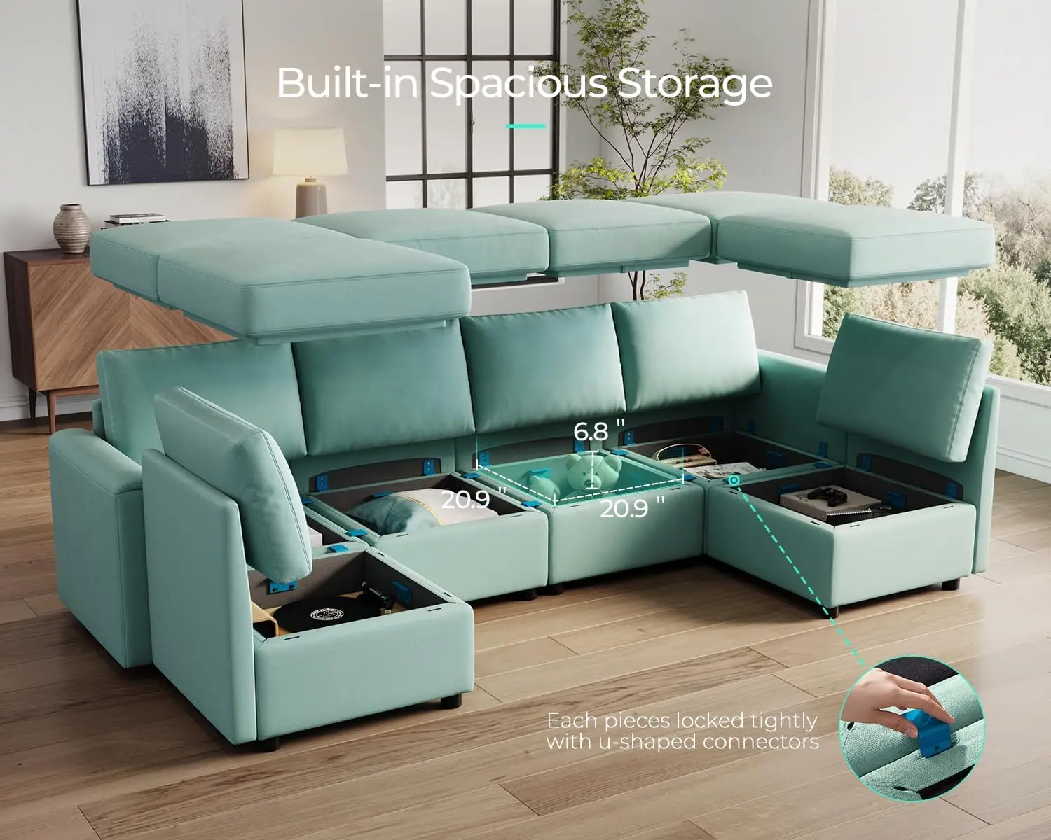 Модульный диван секционный U-образный с местом для хранения вещей пена эффектом