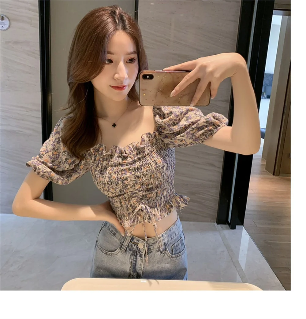 Женская шифоновая рубашка с цветочным принтом топ коротким рукавом и квадратным