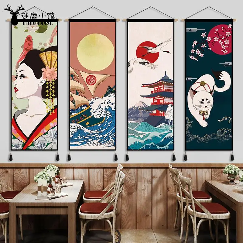 

Japanese Ukiyoe Wall Art Wood Hanging Scroll Canvas Painting Art Poster Print Wave Fish Crane Pictures for Living Room Decor
