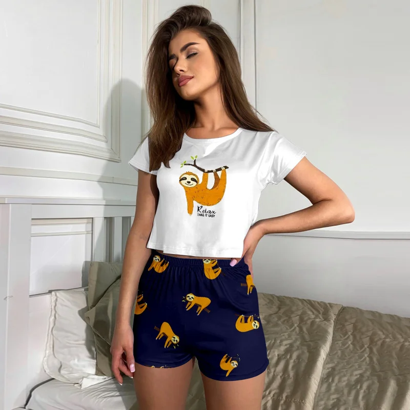 

Пикантные женские пижамные комплекты на лето, одежда для сна с коротким рукавом, пижама, тонкая Ночная одежда с мультяшным принтом енота для...