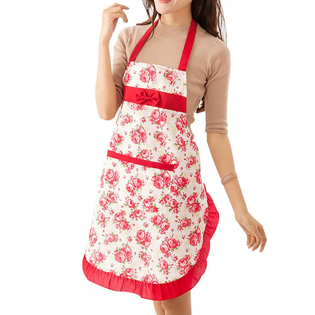 

40%HOTKitchen Apron Bowknot Floral Print Polyester Restaurant Cooking Pocket Workwear for Home