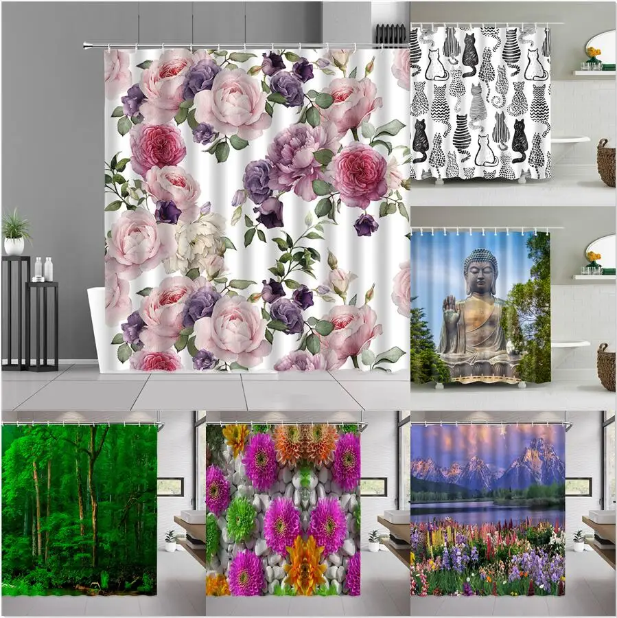 

Rose Flowers Buddha Statue Shower Curtain Spring Floral Plants Natural Green Forest Bath Curtains Home Bathroom Decor Fabric