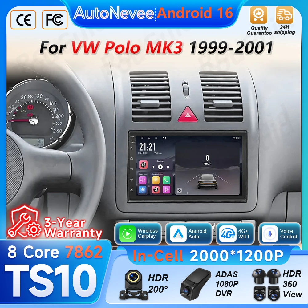 Фото Автомагнитола Android 16 для VW Polo MK3 1999-2001 годов выпуска, беспроводной CarPlay, мультимедийный видеоплеер, GPS-навигация, экран, DAB+, DSP, 4G. №3