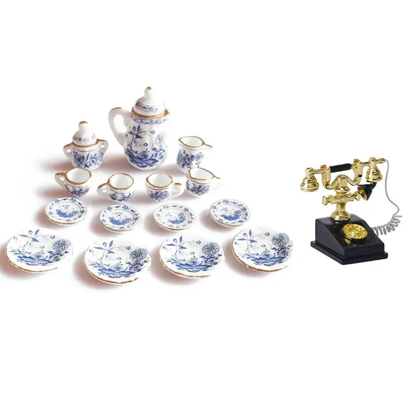 

1/12 Dollhouse Miniature Retro Phone Vintage Phone With 1/12 Ceramic Tea Set Dolls House Miniatures Blue Flower