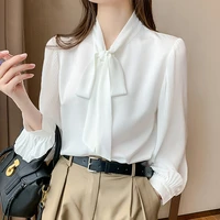 qoerlin white bow blouse long sleeve 2022 fashion office ladies wear loose elegant chiffon tops shirts korean fashion workwear