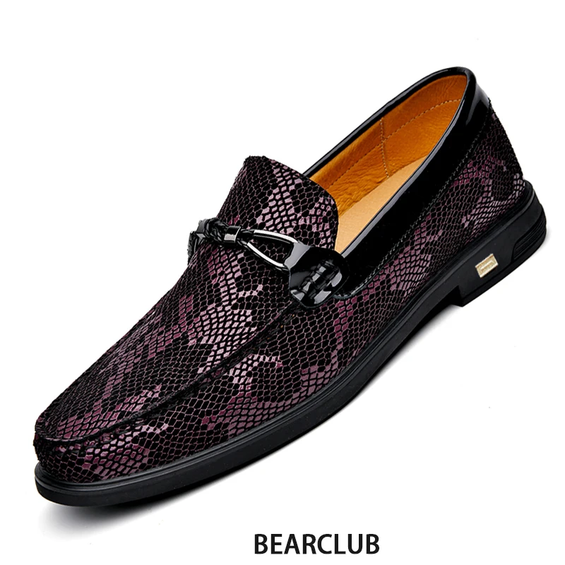 

BEARCLUB Luxury Men's Moccasins Genuine Leather Loafers Snake Skin Pattern Drive Shoes Slip-on Soft Natural Cow Leather Hombres