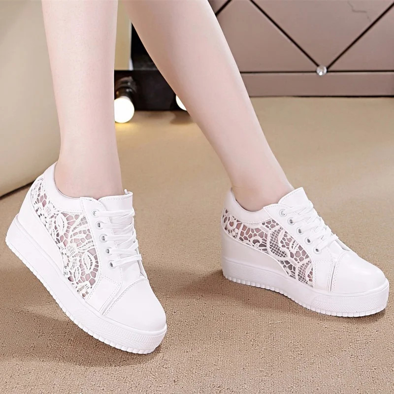 

7CM Hidden Heels Wedges Lace Up Casual Shoes Woman Fashion White Black Breath Platform Height Incresing Comfort Shoes Size 34-40