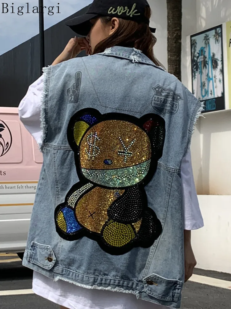 

Spring Summer Fashion Animal Print Sequin Drill Denim Vest Coat Women Loose Casual Ladies Korea Cotton Denim Hole Ribbon Vests