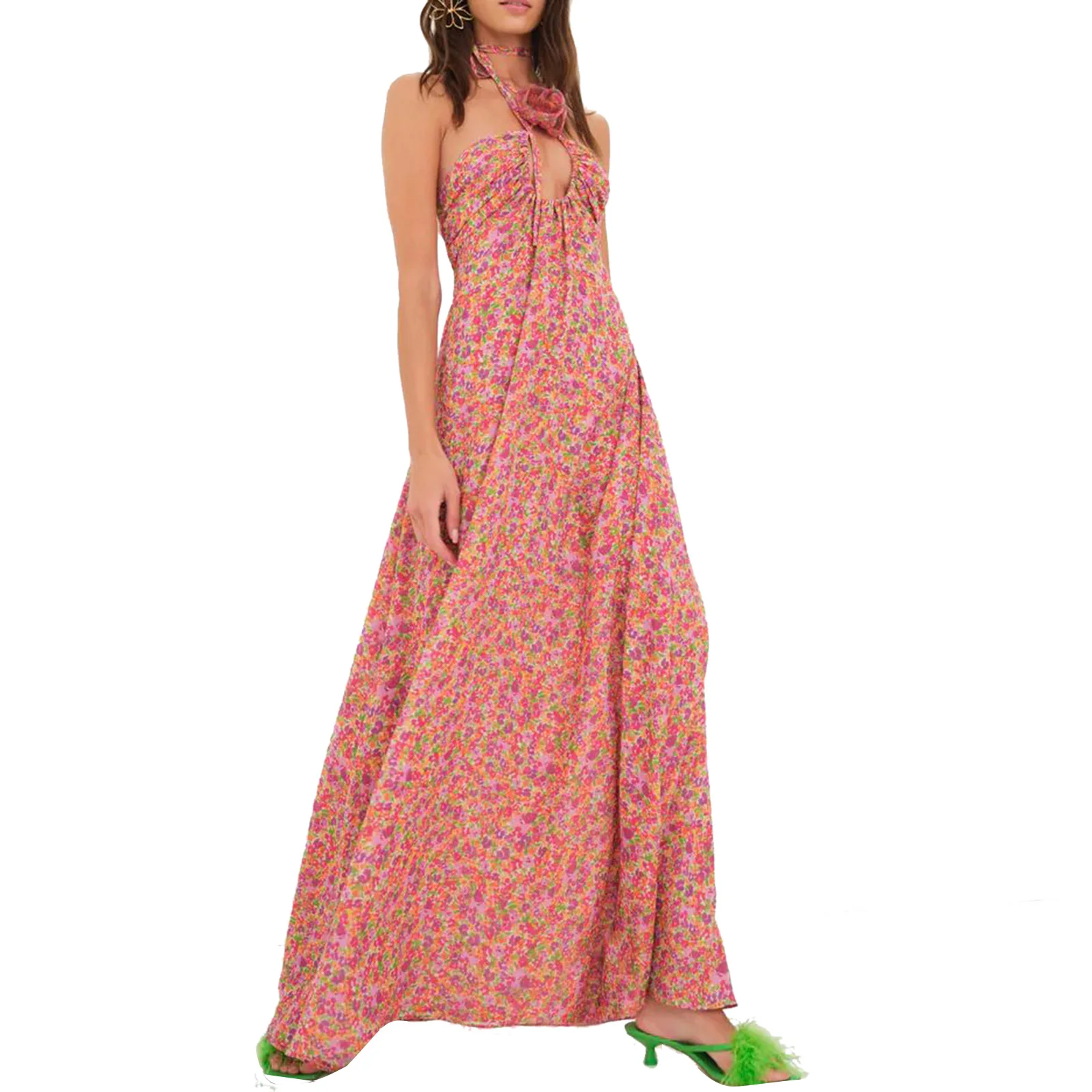 

Women Summer Fashion Long Dress 3D Flower Floral Print Tie-Up Halter Neck Sleeveless Backless Beach Style Dress for Vacation
