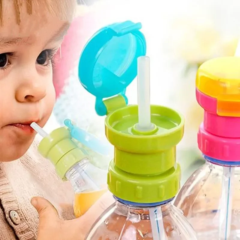 

2023New Water Bottle Cap Spill Proof Juice Soda Water Bottle Twist Cover Cap with Straw Safe Drink Straw Sippy Cap Feeding for K