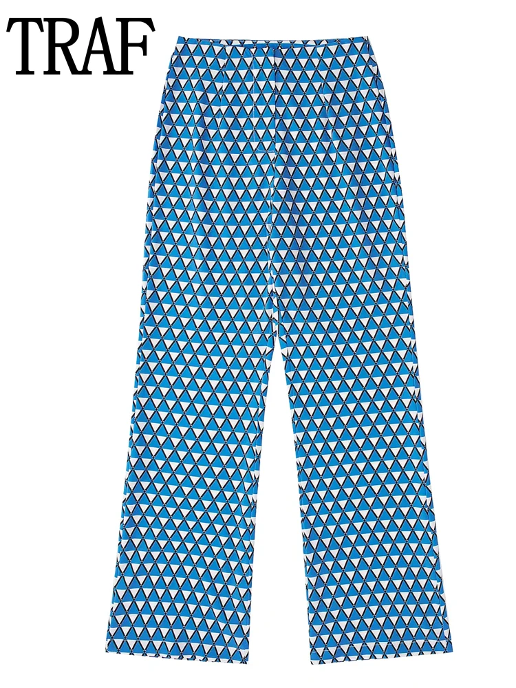 

TRAF Blue Printed Women Pants Sets High Waist Flared Trousers Suit Causal Flare Pants For Women Streetwear Summer Woman Pants