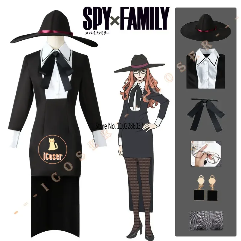 Аниме Spy X Family Sherwood Косплей Сильвия Костюм Handler Назад Платье Серьги Форгер Очки