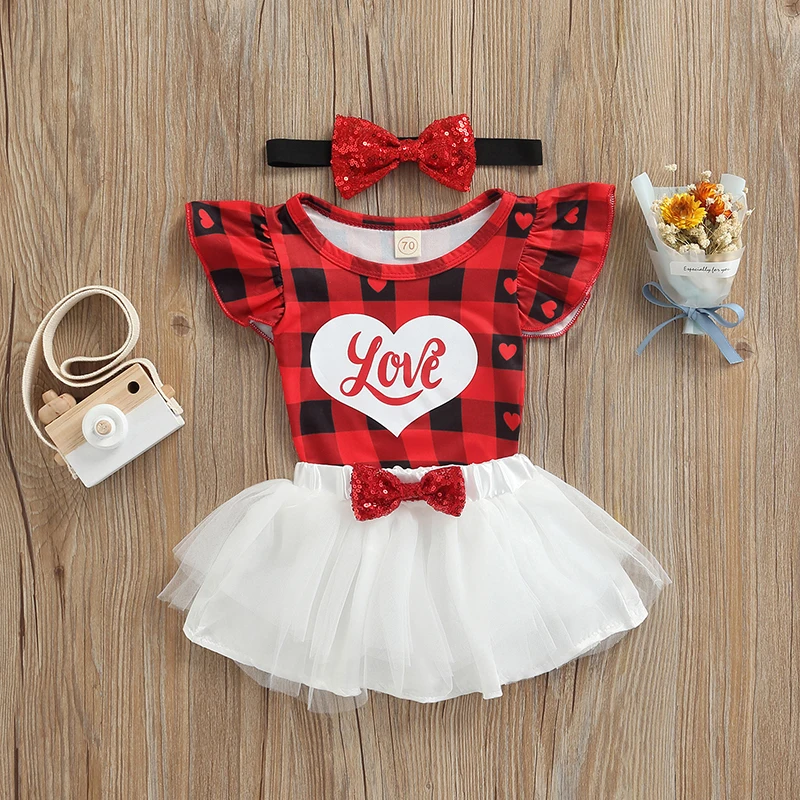 

3Pcs Baby Girls Casual Outfits Love Letter Print Short Sleeve Round Neck Plaid Bodysuit + Tulle Skirt with Bow + Headband 0-18M