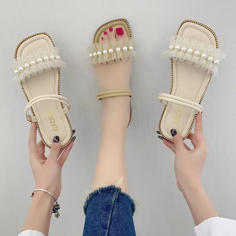 

Rubber Slippers Female Shoes Slides Fashion String Bead 2022 Soft Flat Luxury PU Basic Casual Scandals Leisure Shoes Women Ladi