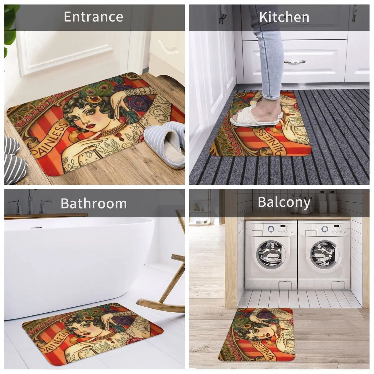 

Дверной коврик с татуировкой в виде приставки, винтажный художественный декор для боди-рекламы, 3D коврик, коврик для ванной, нескользящий вх...