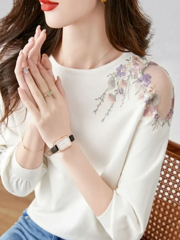 

Summer Flower Embroidery Knitted Sweater Women Pullover Casual Fashion Women Tops 2023 O-Neck Knit Women Swearer Pullovers G416