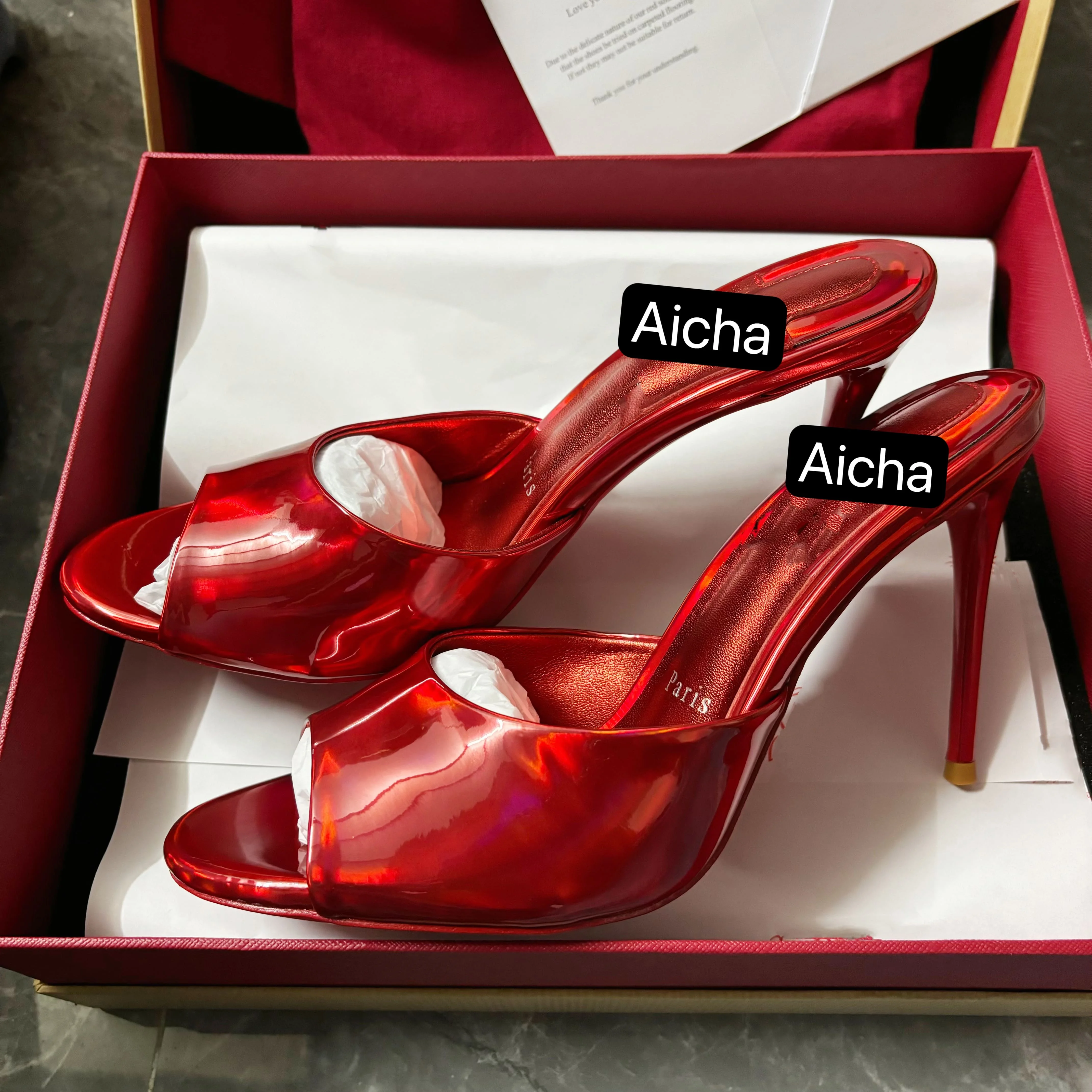 Высокое качество 1:1 неоновые пикантные красные женские туфли-лодочки с открытым