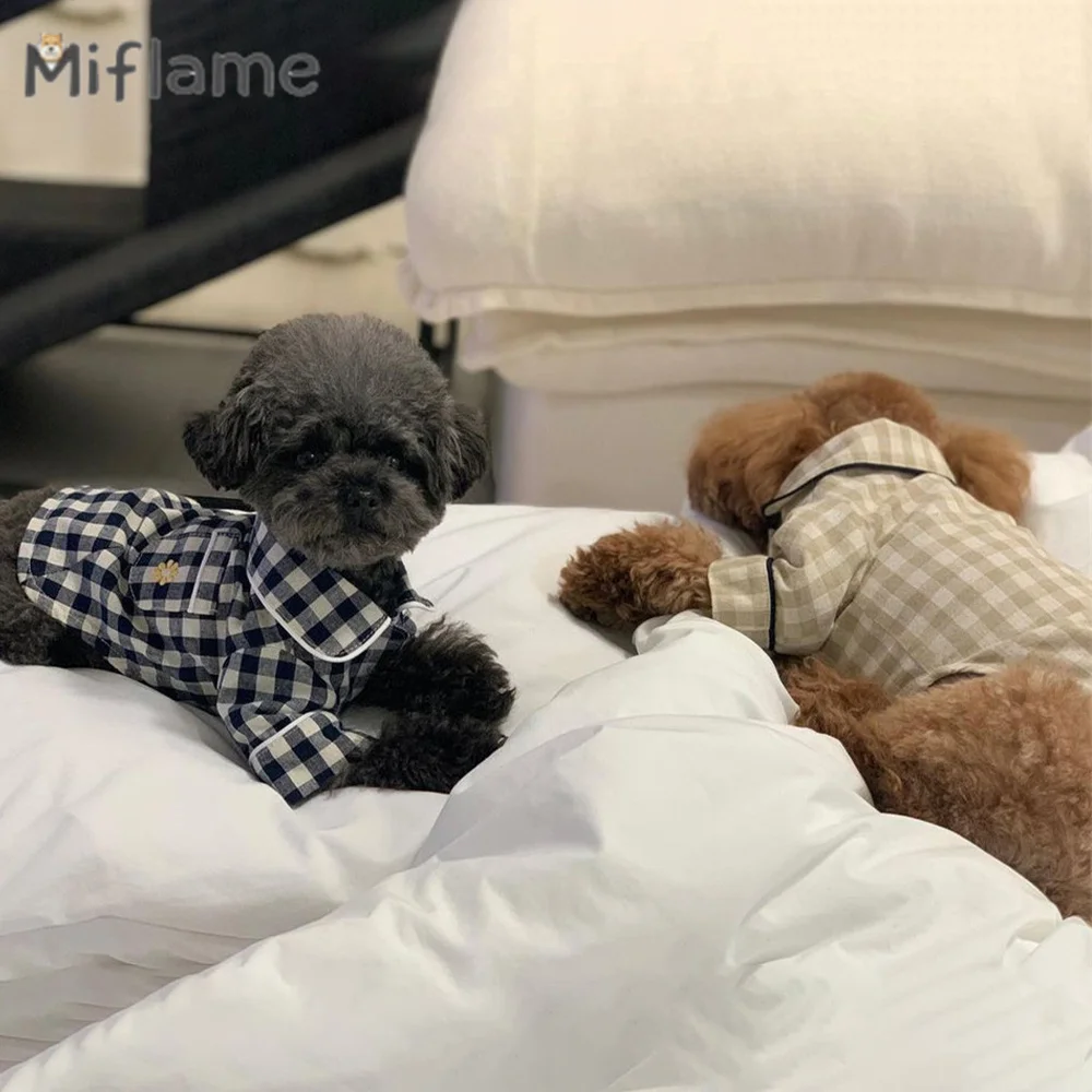 

Miflame INS Style Korean Pet Clothes khaki Dark Blue Pocket Pajamas Small Dogs Home Suit Teddy Bichon Pomeranian Checked T-shirt