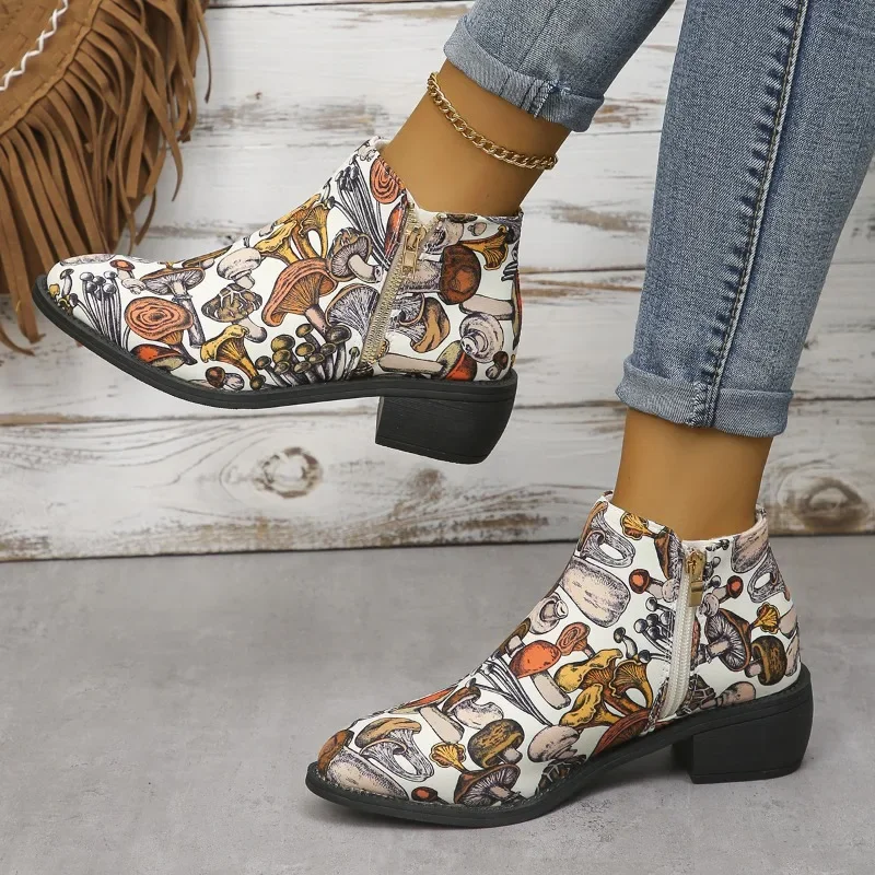 

Women Boots 2023 Autumn Retro Print Ethnic Pointed Toe Chunky Heel Shoes for Women Side Zipper Ankle Boots Female Botas De Mujer