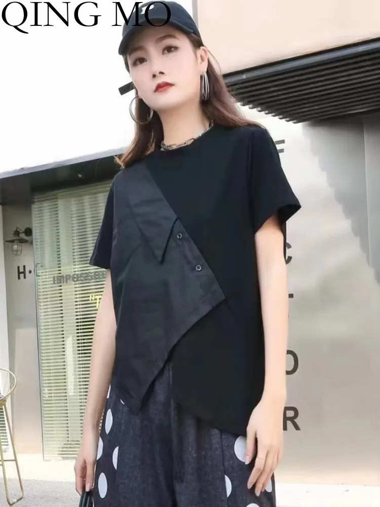 

QING MO 2023 Summer New Cool Short Sleeve T-shirt Women Fake Two Piece Loose Irregular Splice Top Fashion Black White ZXF2064