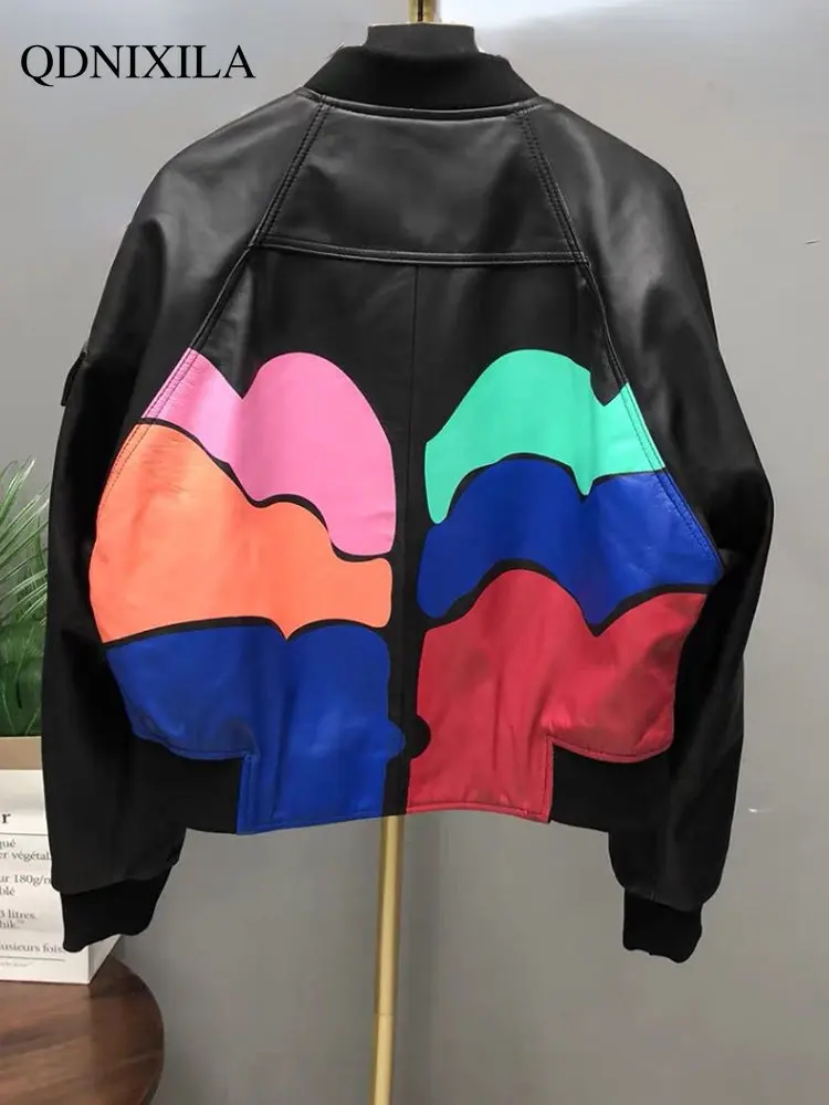 Sheepskin Coat for Women Graffiti Colorful Beauty Figure New Outerwear Leather Jacket Loose Leisure Coat Women's Bomber Jacket enlarge