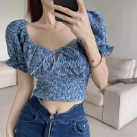 blue crop top short sleeved sexy summer style top fashion blouses 2022 cheap vintage clothes for women female clothing harajuku