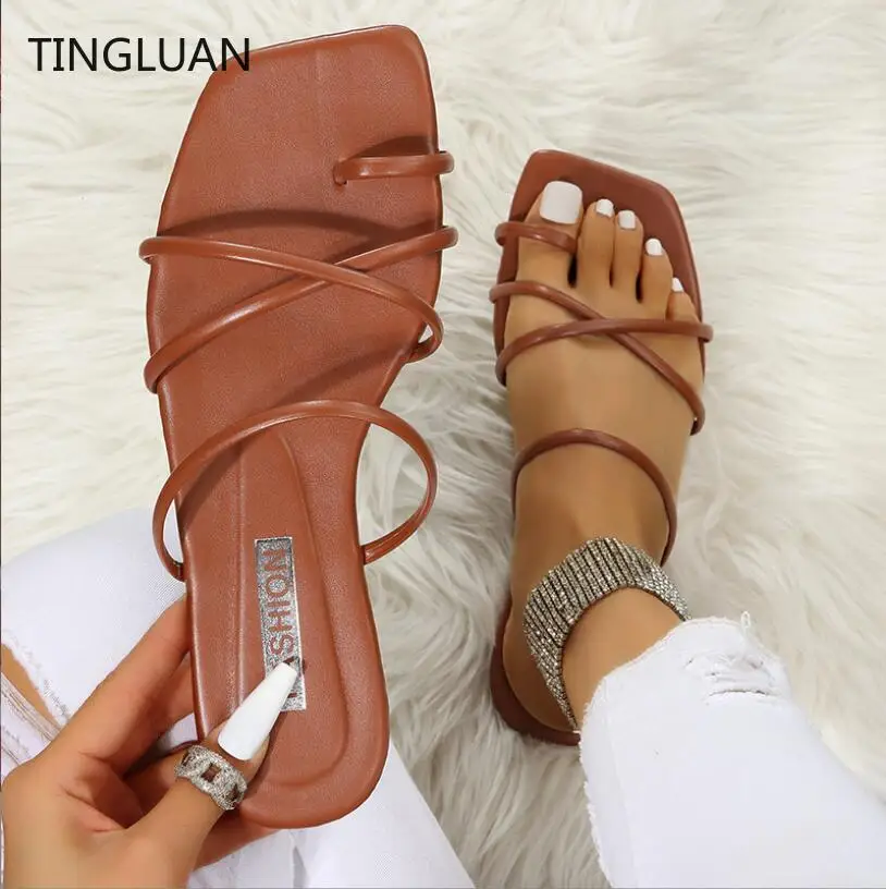 

Шлепанцы женские без задника, дизайнерская летняя обувь, квадратный носок, тонкий ремешок, плоская подошва, Размеры 35-42