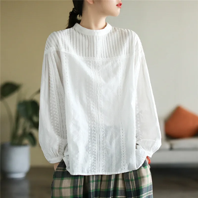 

Cotton Shirt Women Blouse Autumn Long Sleeve Solid Color White Shirts Loose Hollow Out Female Casual Ladies Tops Pullover