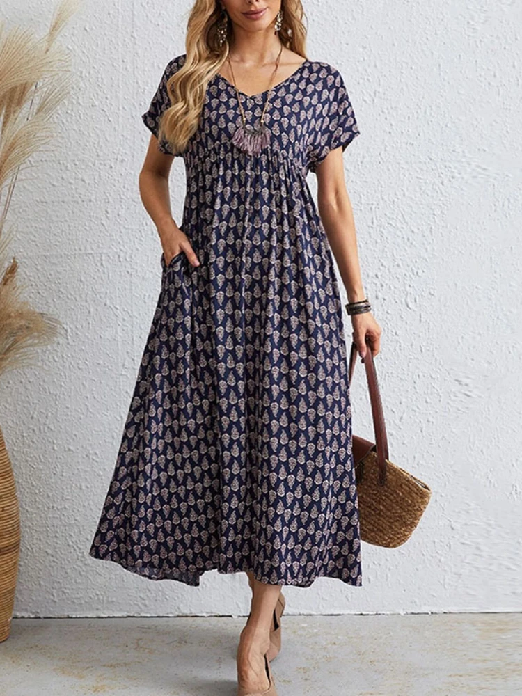 

Oversized Loose Vintage Dress Women Summer Bohemian Maxi Dress Female Elegant Casual Short Sleeved V-neck Dresses Vestidos 2023