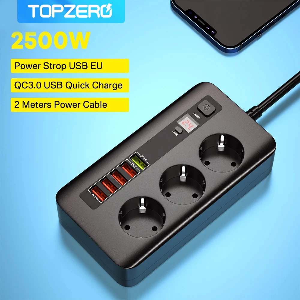 

2500W Timer Socket Power Strip Smart Plug With Surge Protector For Home Office Travel 5 USB Port Support QC3.0 USB Fast Charger