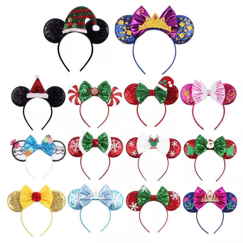 

2022 Mickey Mouse Ears Headband Christmas Snowflake Festival Sequins Bow Hairband Women Girls Party Hair Accessories Gift