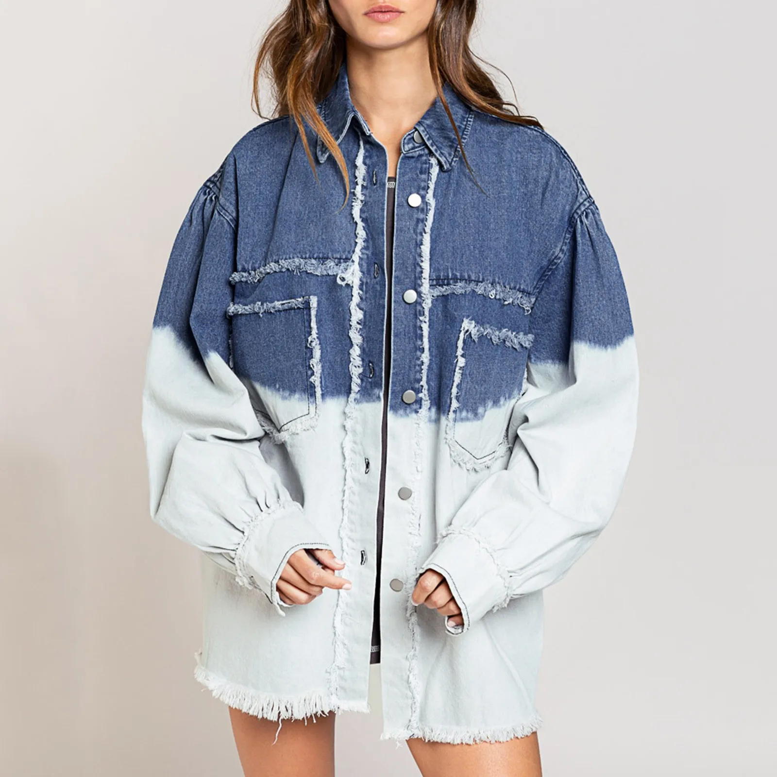 

Denim Coat Women Casual Solid Gradient Turndown Collar Splice Long Sleeve Loose Button Shirt Blouse Top Women Denim Jacket 2023