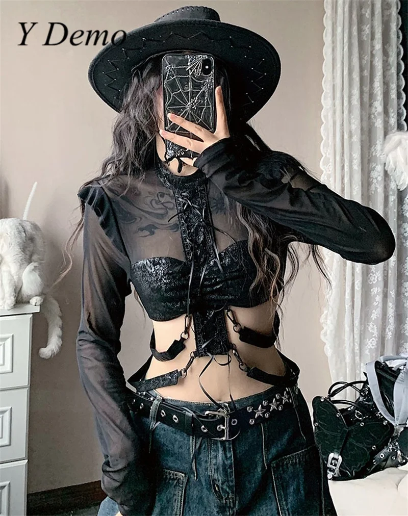 

Y Demo готическая Сексуальная Прозрачная Футболка с круглым вырезом для женщин, сексуальные сетчатые Топы на бретельках с длинным рукавом