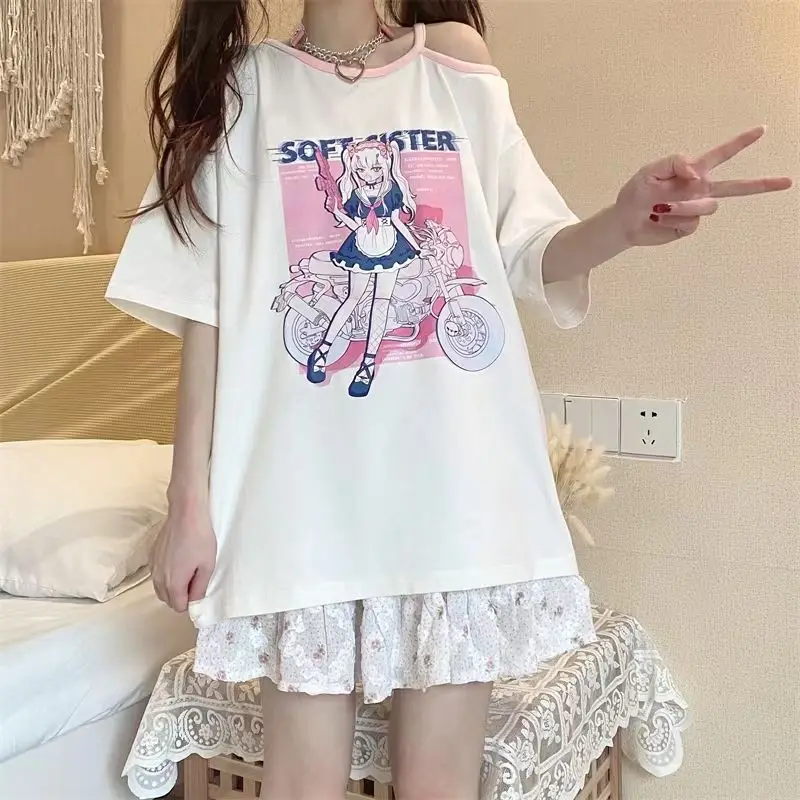 

MINGLIUSILI Kawaii Graphic T Shirts Summer Sweet Cute T Shirt for Women Anime Print Short Sleeve Top Casual Oversize Clothing