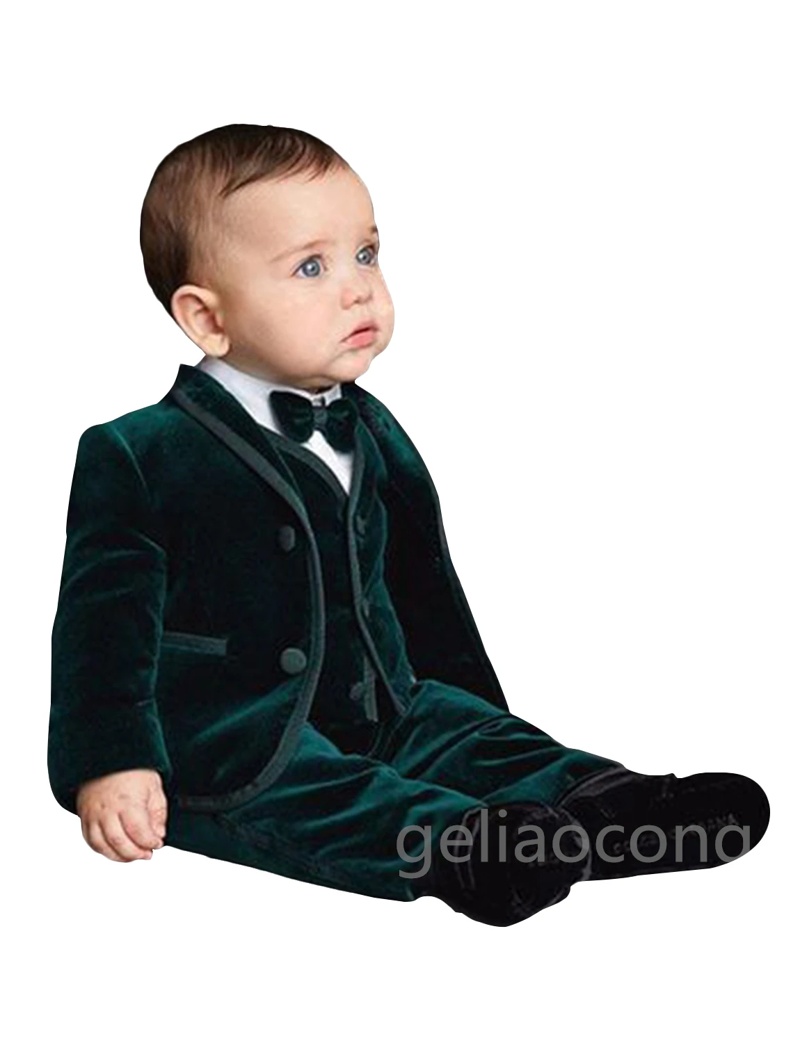 Spring New Child Suits 3PCS Green Velvet Coat Pants Vest Brooch Outfits Flower Boys Dress Wedding Slim Children Blazer PromSuit