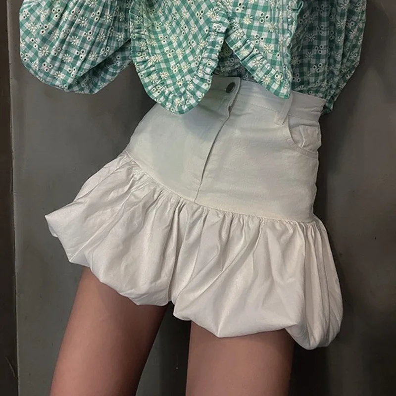 

2022 Summer New Fashion Fluffy Flower Bud Short Skirt Korean Girl Sweet High Waist Slim Denim Stitching Short Kawaii Skirt