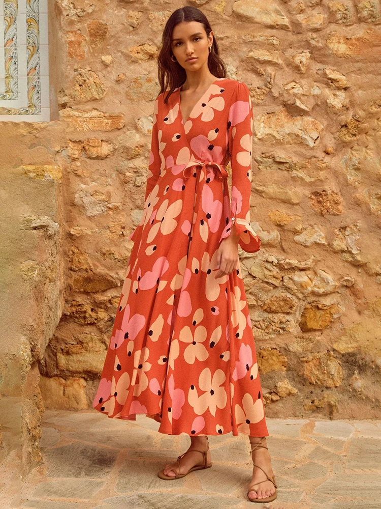 

Jastie Bohemian Summer Women Beach Dress Vintage Floral Print Lace Up Long Dresses Fashion Sexy V-neck Party Maxi Dress Sundress